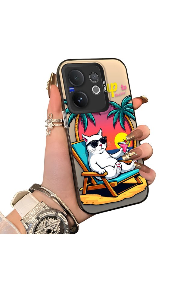 Vivo V60 Compatible Hard Acrylic Back Silicone Edge Lens Protection Cat Case