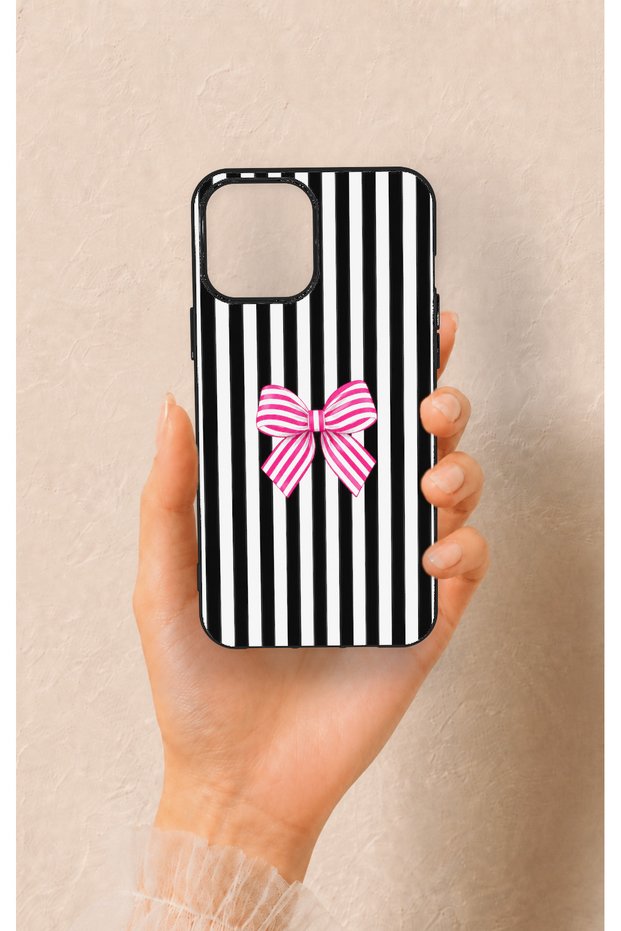 iPhone 12 Pro Max Compatible Pink and White Ribbon Pattern Silicone Case