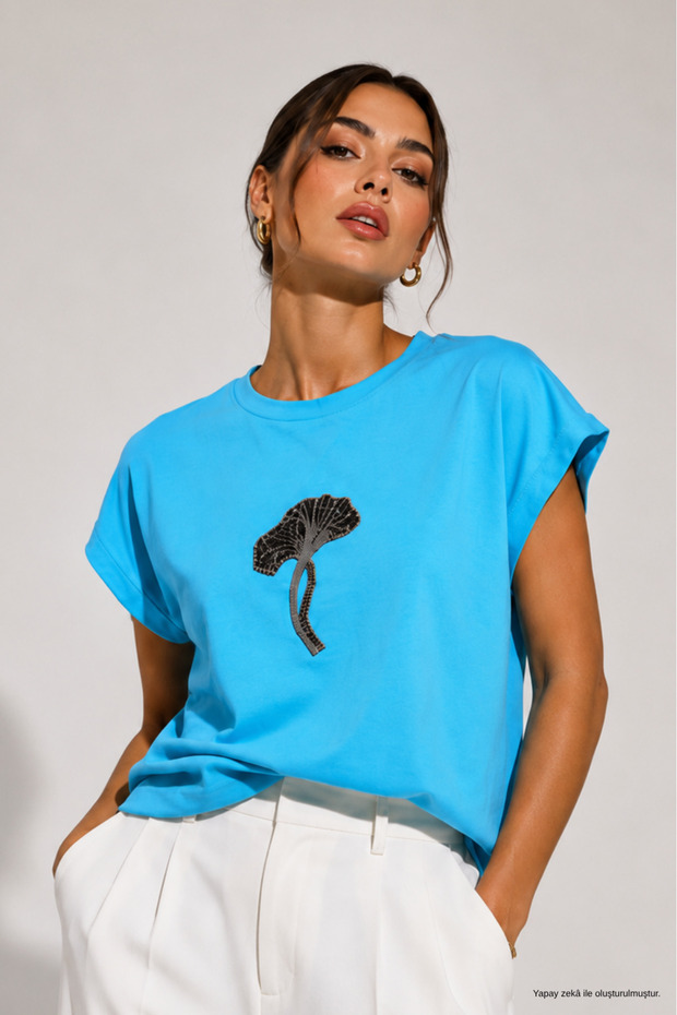 Women's turquoise viscose palm stone detailed short sleeve blouse