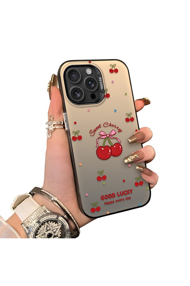iPhone 16 Pro Compatible Hard Acrylic Back Silicone Edge Lens Protection Cherry Case