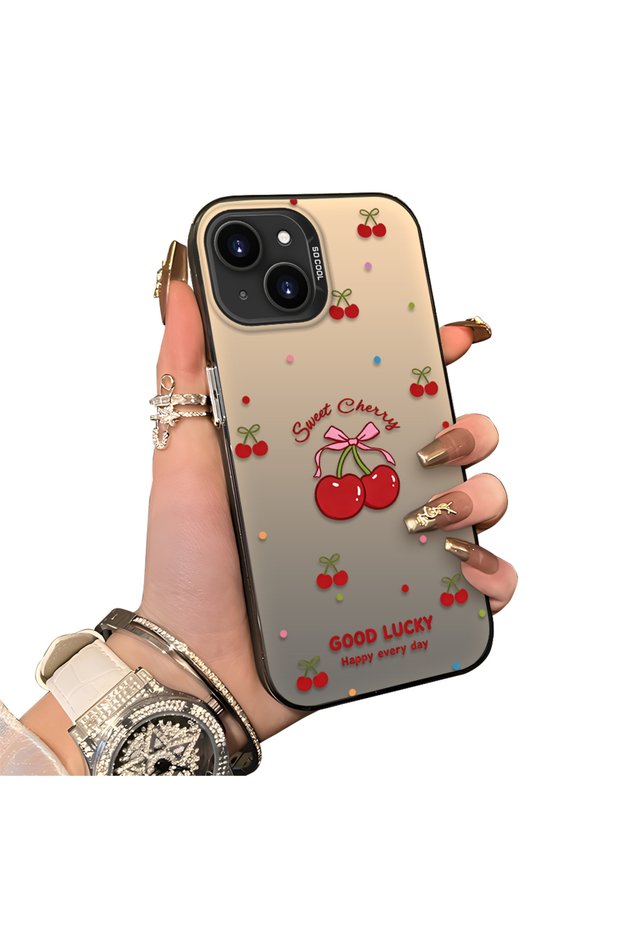 iPhone 15 Compatible Hard Acrylic Back Silicone Edge Lens Protection Cherry Case