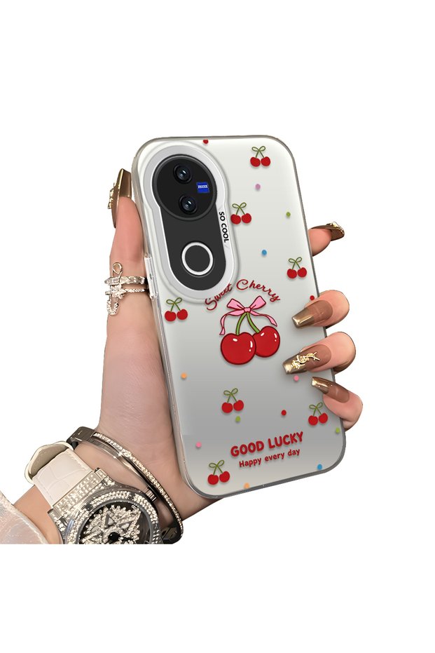 Vivo V50 Compatible Hard Acrylic Back Silicone Edge Lens Protection Cherry Case