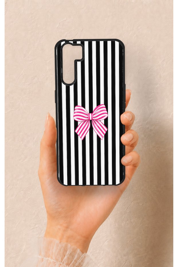 Oppo A91 Compatible Pink and White Ribbon Patterned Silicone Case