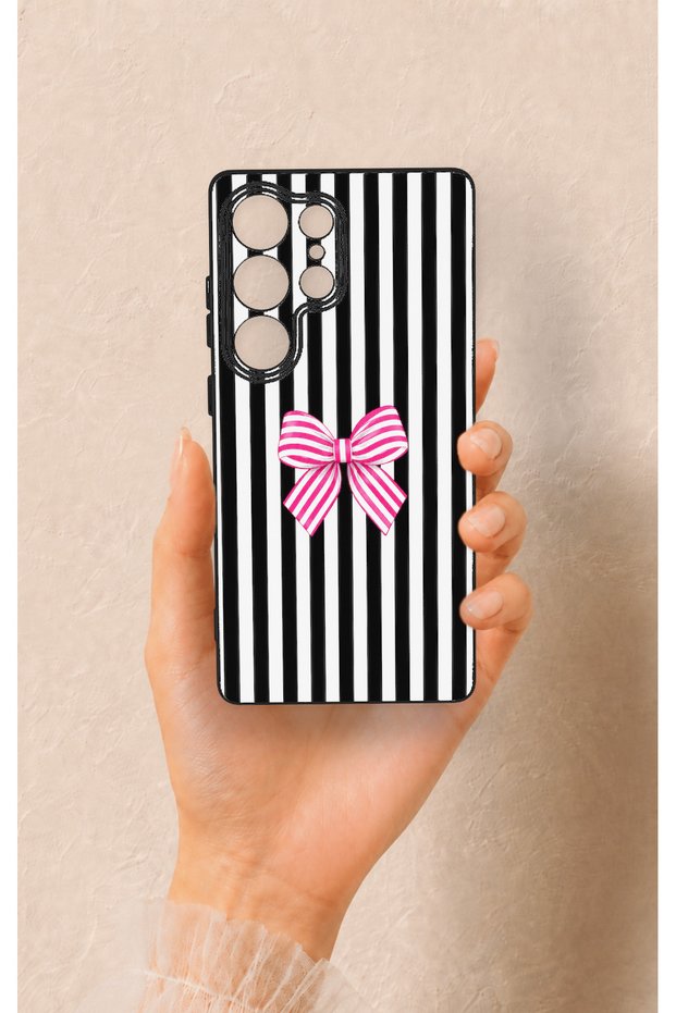 Samsung S25 Ultra Compatible Pink and White Ribbon Patterned Silicone Case