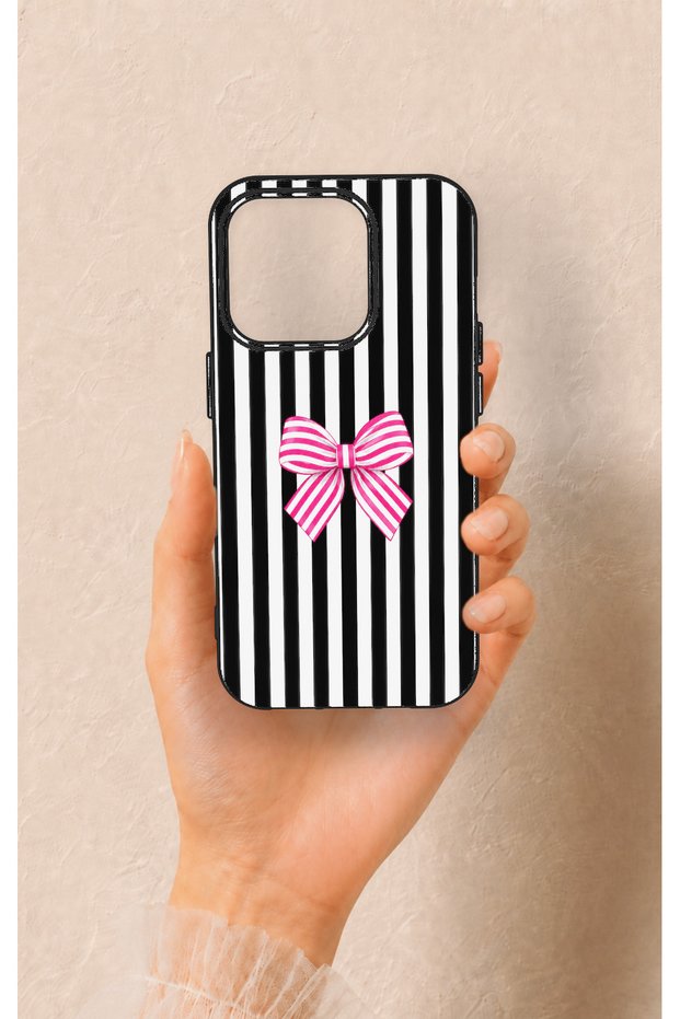 iPhone 15 Pro Compatible Pink and White Ribbon Patterned Silicone Case