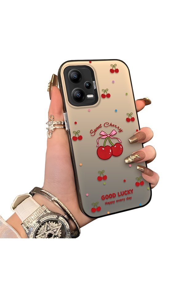 Xiaomi Poco X5 Compatible Hard Acrylic Back Silicone Edge Lens Protection Cherry Case