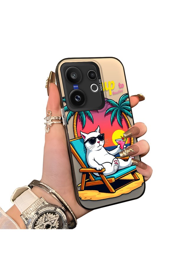 Vivo X200 Fe Compatible Hard Acrylic Back Silicone Edge Lens Protection Cat Case