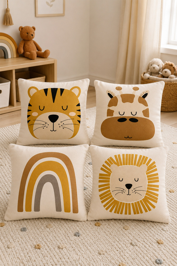 Digital Printed Decorative 4-Piece Children's and Baby Cushion Cover Set 38X38 cm