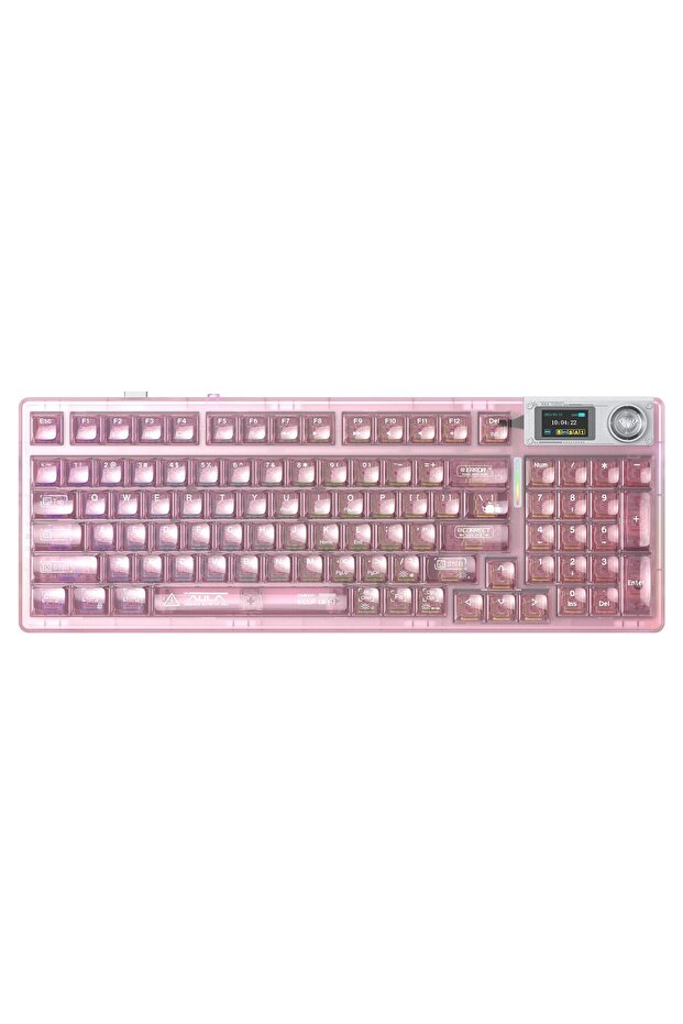 F98 Pro V3 OLED Ekranlı RGB Mekanik Gaming Kablosuz Oyuncu Klavyesi Crystal Switch Hot Swap Gasket Makrolu Şeffaf Pembe