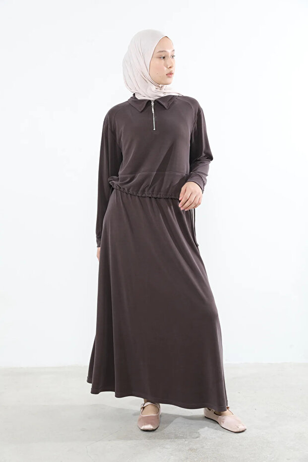 Collared Zipper Detail Skirt Suit - Brown