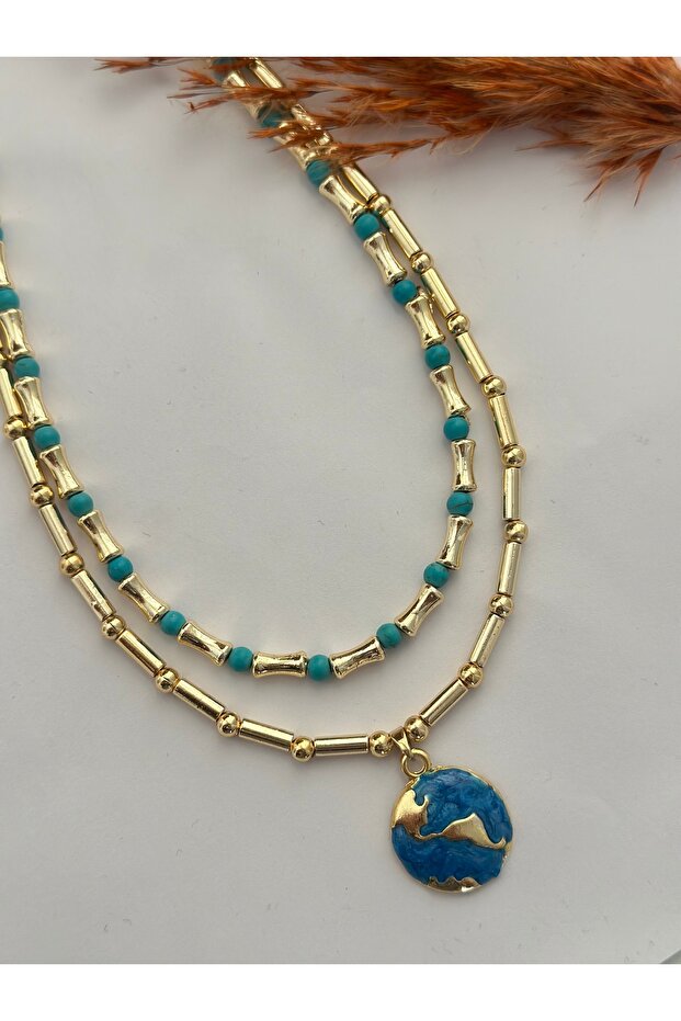 Gold bead world necklace