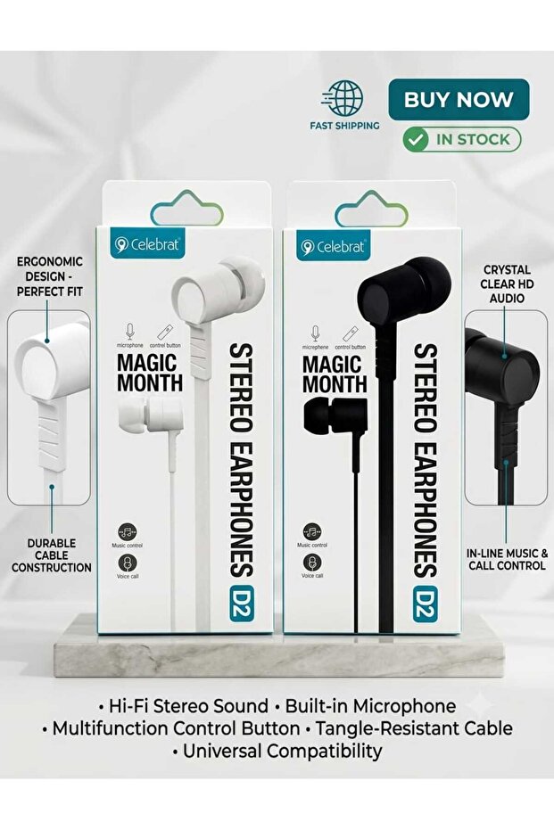 D2 Wired 3.5mm Stereo Earphones with Microphone, In-Line Music & Call Control – Universal Compatible
