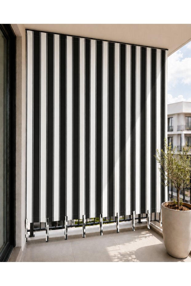 Gray White Cornice Waterproof Balcony Curtain with Ties, Sun and Wind Resistant Outdoor Curtain