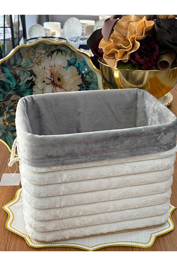 White Wicker Basket with Velvet Bag - Multi-Purpose Flower Holder / Newspaper Holder / Decorative Box / Organizer / 35X26X28Cm