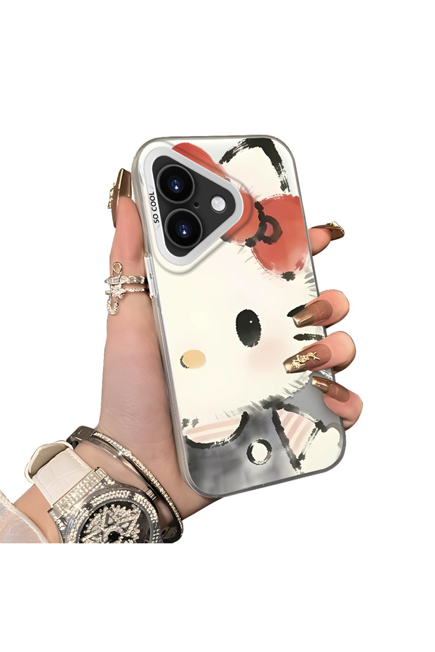 iPhone 16 Plus Compatible Hard Acrylic Back Silicone Edge Lens Protection Kitty Case