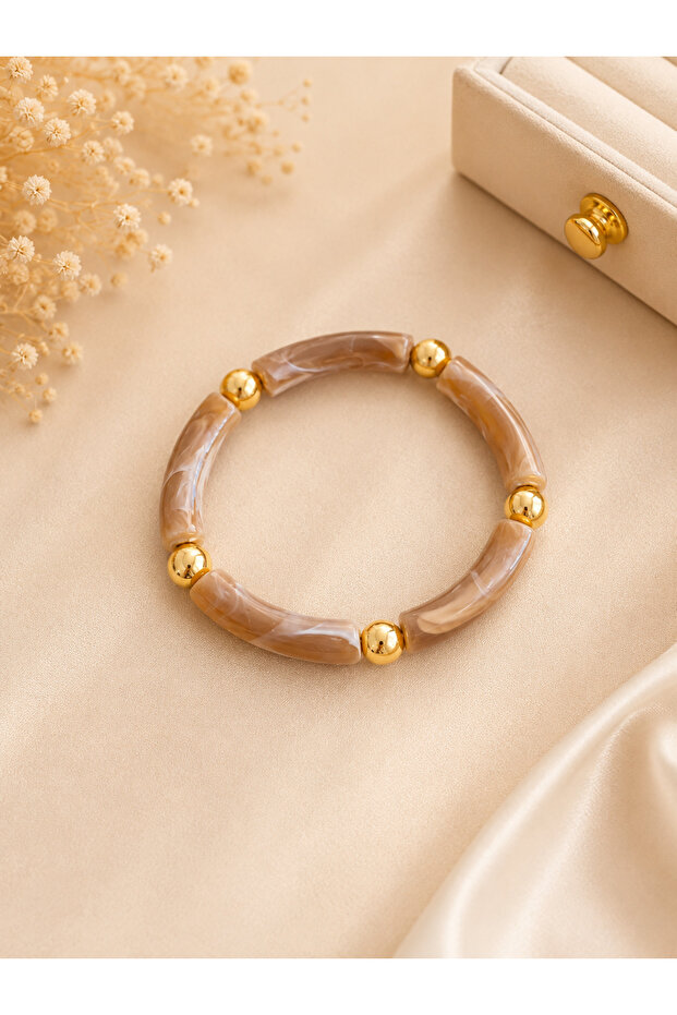 Yazlık Gold Detailed Bracelet – Beige Marble Patterned Elastic Bead Bracelet