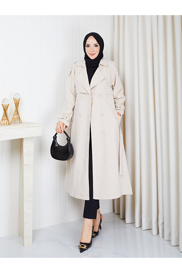 Double-Breasted Collar Belted Button Detailed Lined Hijab Trench Coat Rc3167