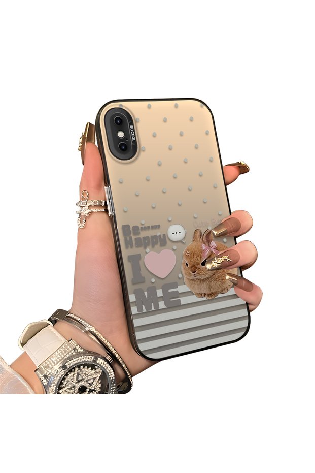 iPhone XS Max Compatible Hard Acrylic Back Silicone Edge Lens Protection Rabbit Case