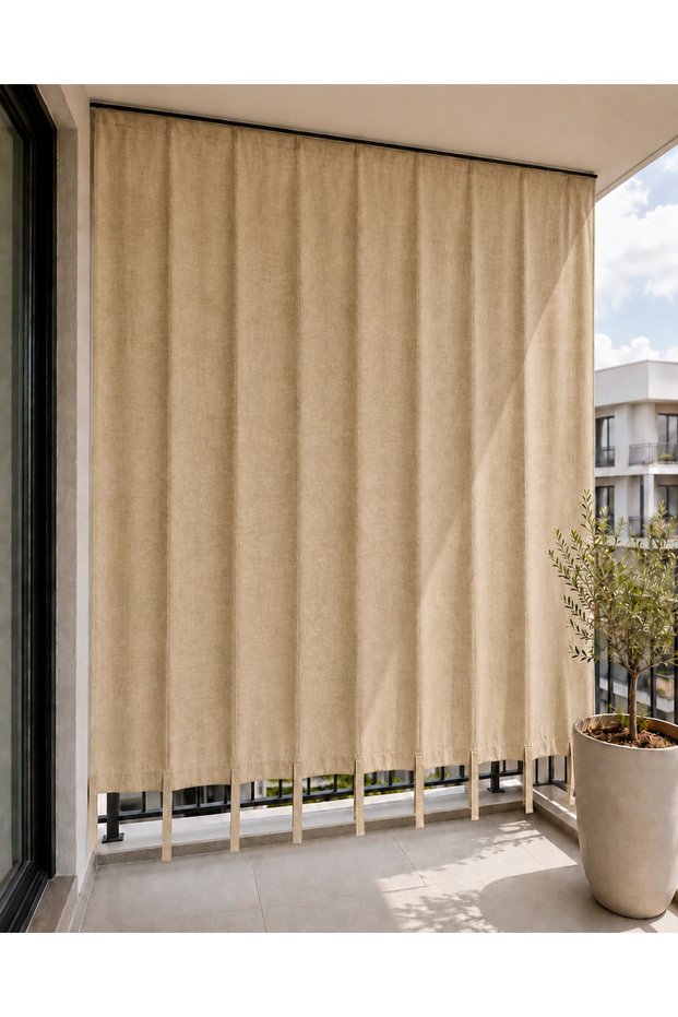 Beige Cornice Waterproof Balcony Curtain with Ties, Sun and Wind Resistant Outdoor Curtain