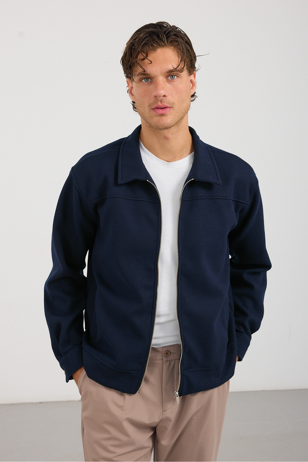 Men's Shirt Collar Button Sleeves Stripe Detailed Cashmere Coat