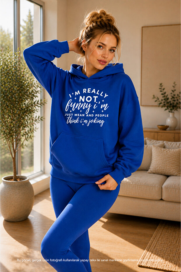 Women's I'M Really Not Funny Printed Hooded Kangaroo Pocket Cotton Casual Sweatshirt