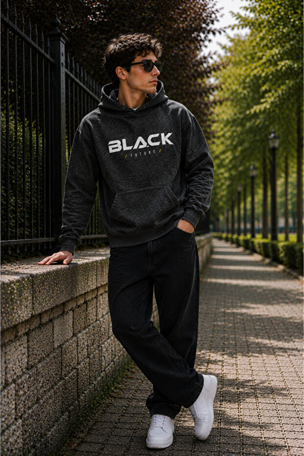 Men's Black Future Written Hooded Cotton Casual Sweatshirt with Kangaroo Pocket