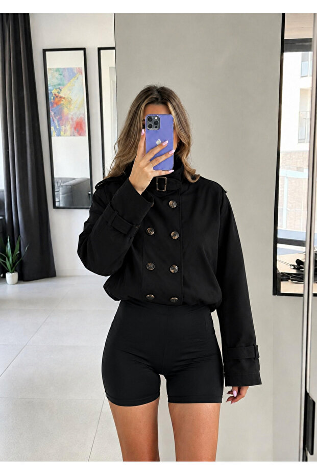 Choker Collar Belted Buttoned Trench Jacket