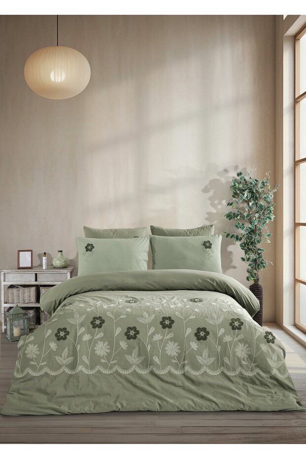 Newhome Diamond Vita Sage Luxury Embroidered 100% Cotton Double Duvet Cover Set