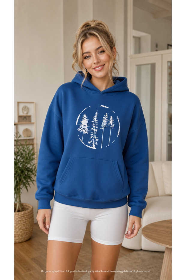 Women's Pine Trees Graphic Printed Hooded Kangaroo Pocket Cotton Casual Sweatshirt