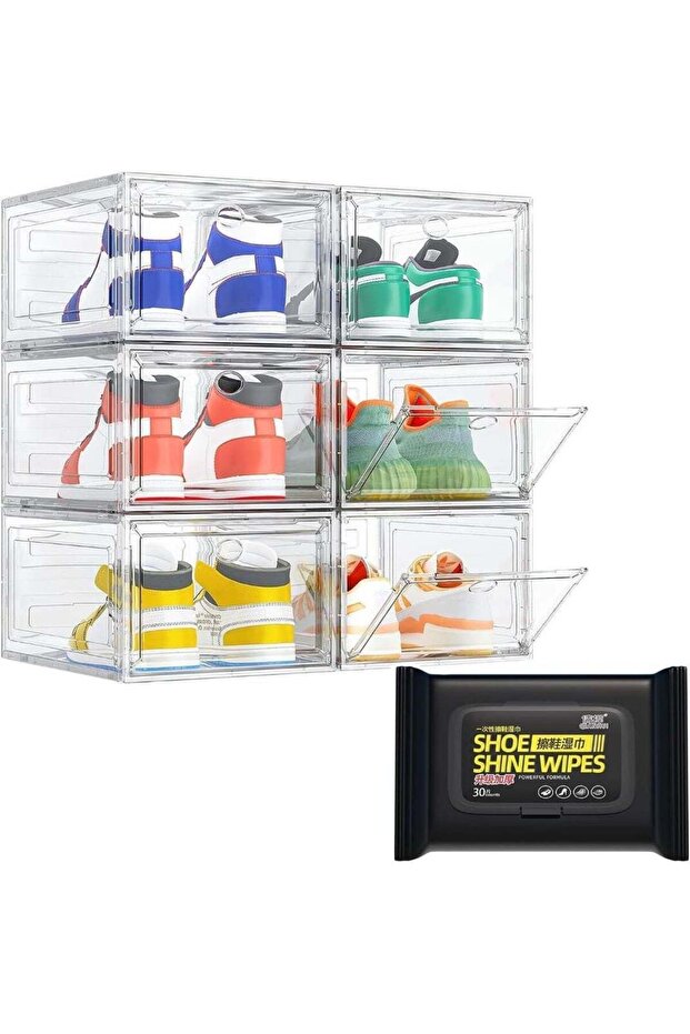 6 Pack Clear Stackable Shoe Storage Boxes with Magnetic Front Door, Transparent Plastic Organizer
