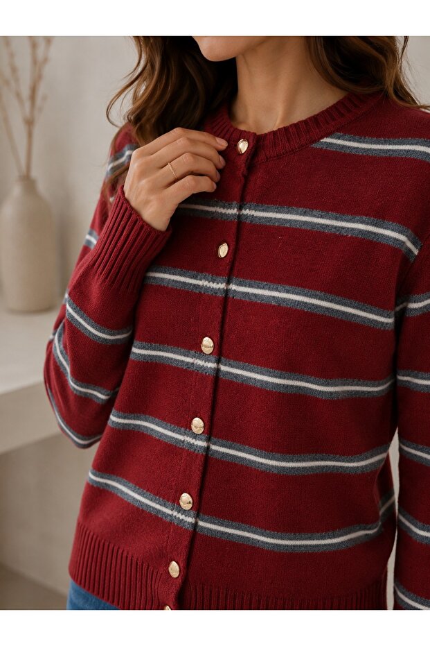 Women's Cardigan Knitwear Crew Neck Striped Buttoned
