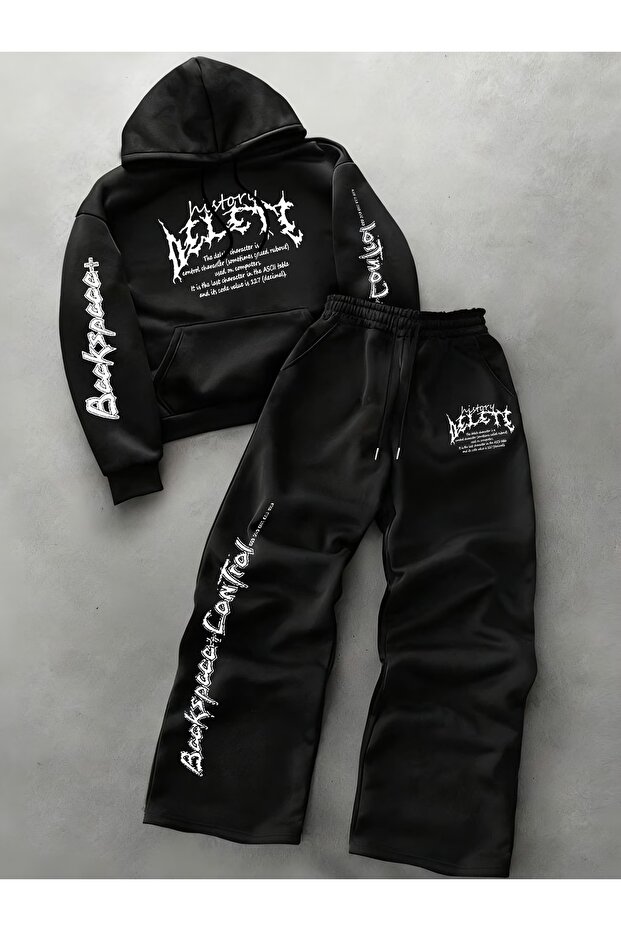 Unisex Men's and Women's Delete Text Printed Oversize 3 Thread Hooded Hoodie and Baggy Bottom Sweatpants Set