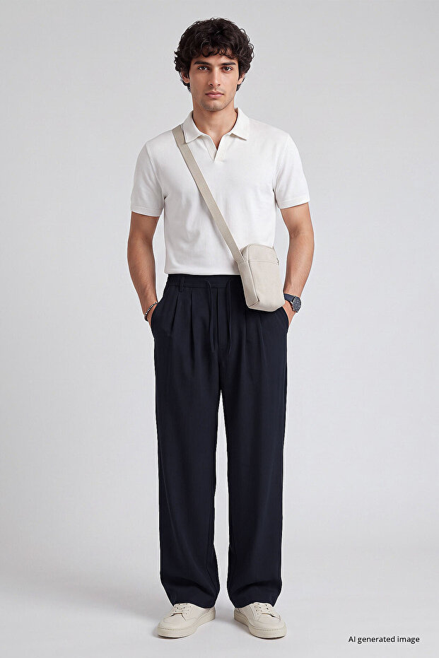 Navy Blue Pleated Woven Palazzo Men's Trousers - 82201