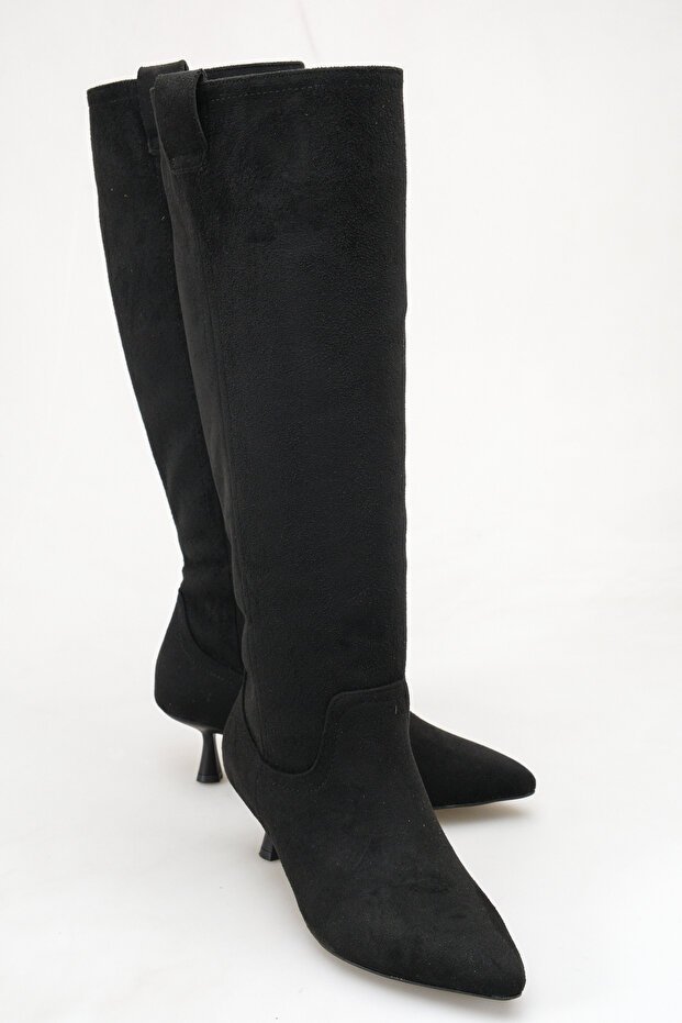Women's Black Suede Pointed Toe Thin Heeled Western Style Non-Zipper Below-Knee Boots - Comfortable to Wear