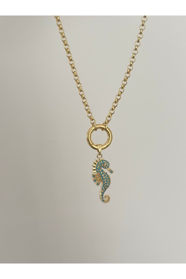 Blue enamel stone sea horse charm necklace