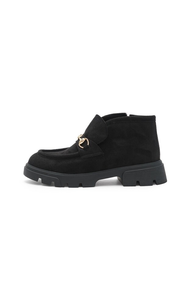 Black Color Buckle Detailed Women's Loafer Boots