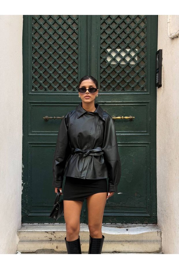 Premium Belted Faux Leather Women's Jacket