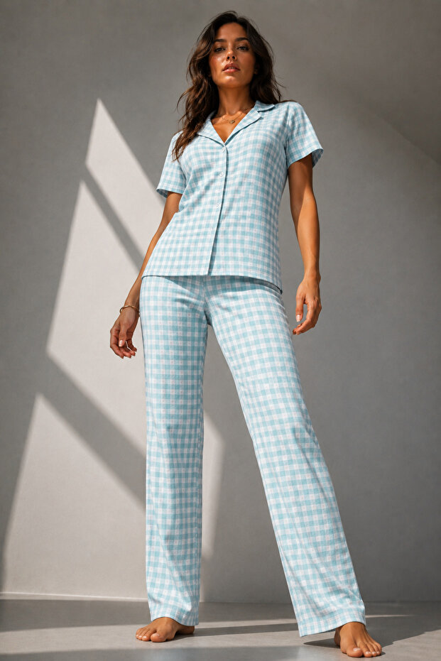 Women's Classic Natural Button Night Water Green Pajama Set