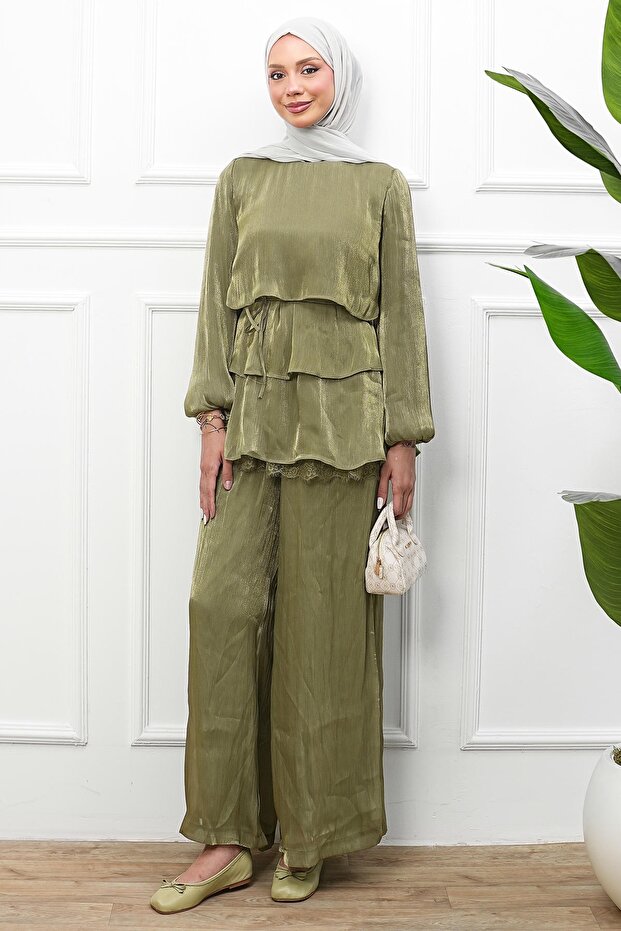 Khaki Elastic Sleeve Layered Blouse and Trousers Set