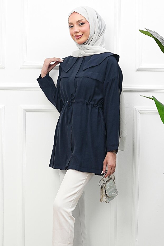 Navy Blue Drawstring Waist, Shawl Collar, Zippered Modal Tunic