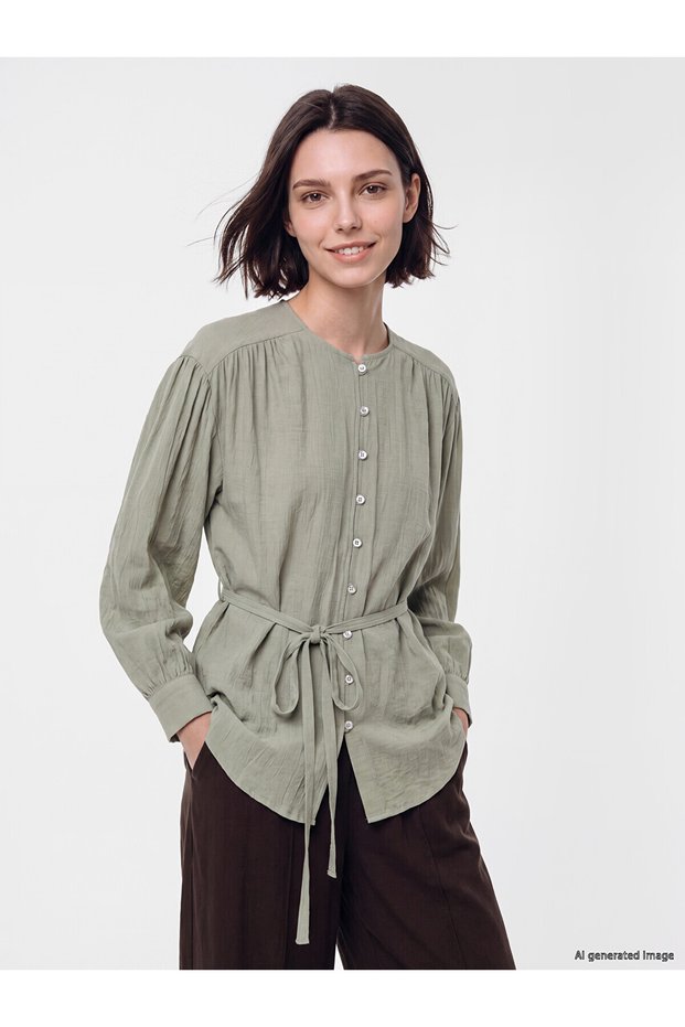 Two Mt Shop Quality Lcw Modest Green Crinkle Plain Loose & Baggy Women's Shirt Tunic