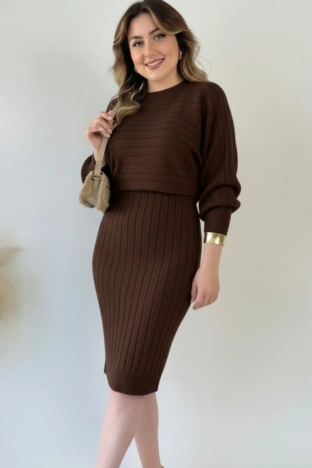 Women's Ribbed Knit Crop Sweater & Midi Dress Set
