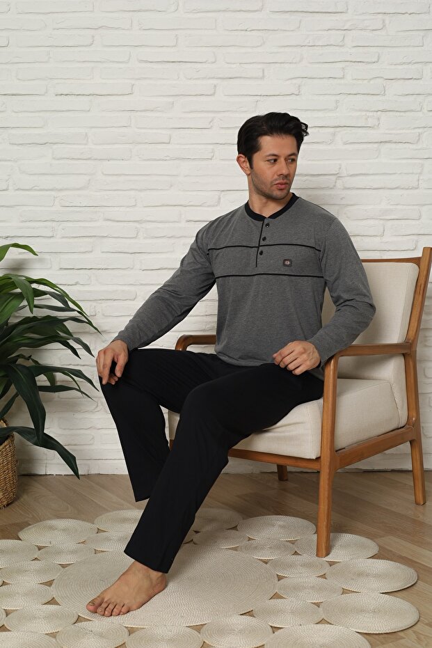 Long Sleeve Buttoned Collar Anthracite Color Men's Pajama Set