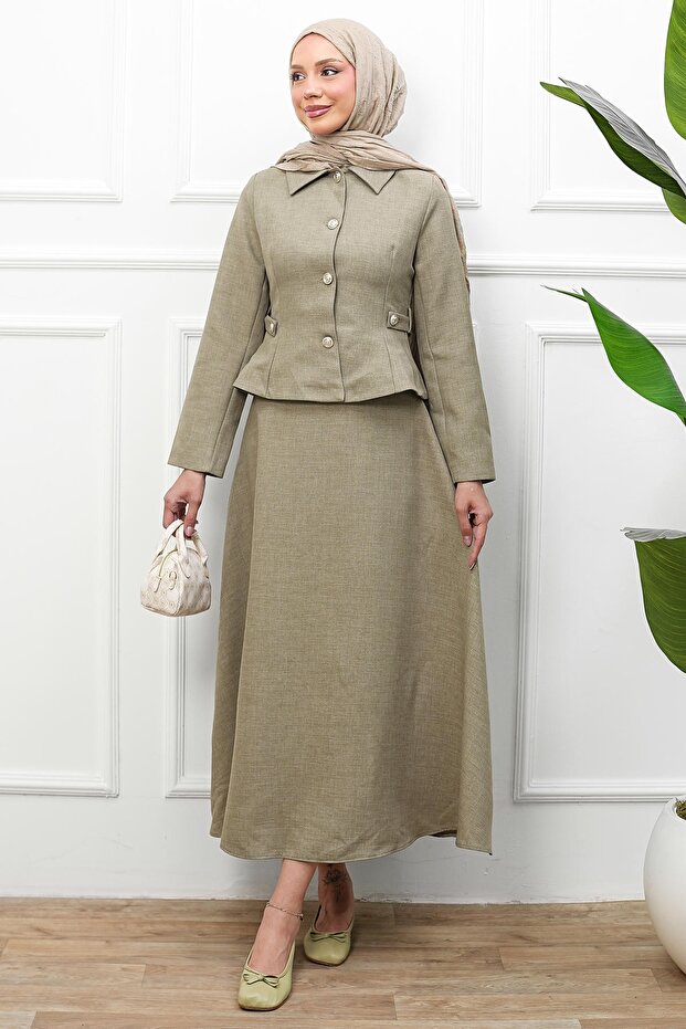 Khaki Buttoned Jacket and Skirt Set