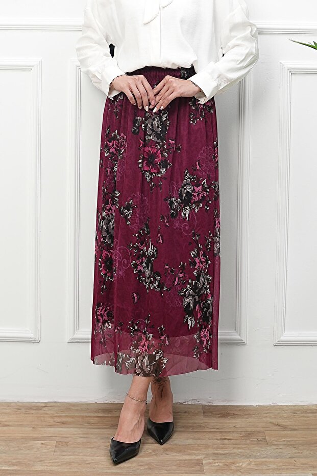 Plum Waist Elastic Floral Patterned Chiffon Skirt