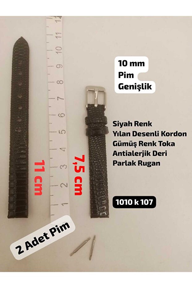 10 mm Compatible - Wristwatch Strap Black Color Snake Pattern Model Silver Color Strap