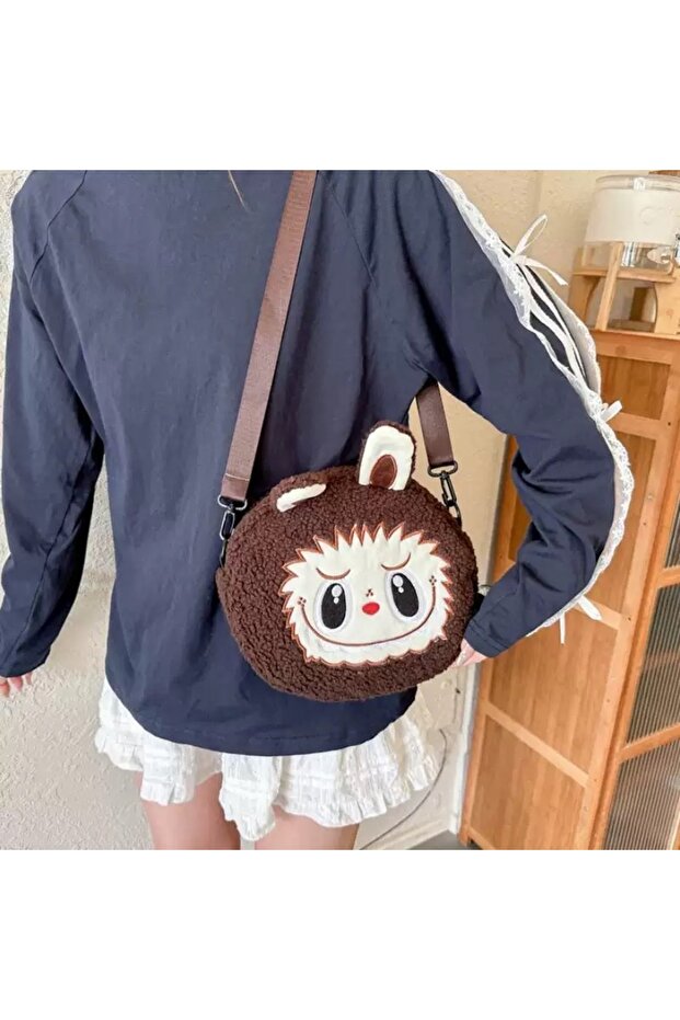 Cute Labubuuu Patterned Brown Plush Bag – Zippered, Shoulder Strap, Soft Handbag