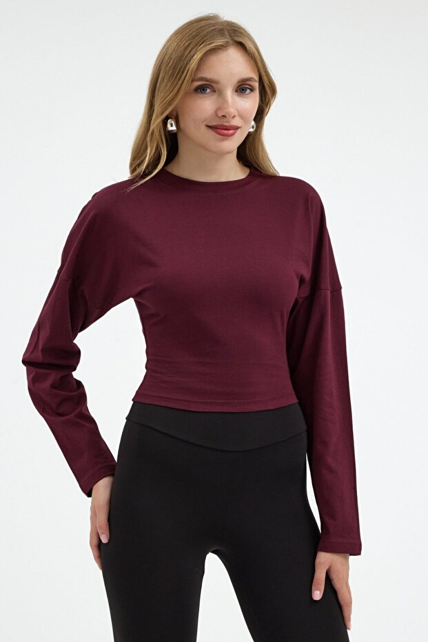 Women's Long Sleeve Fitted Waist Burgundy Crop Blouse