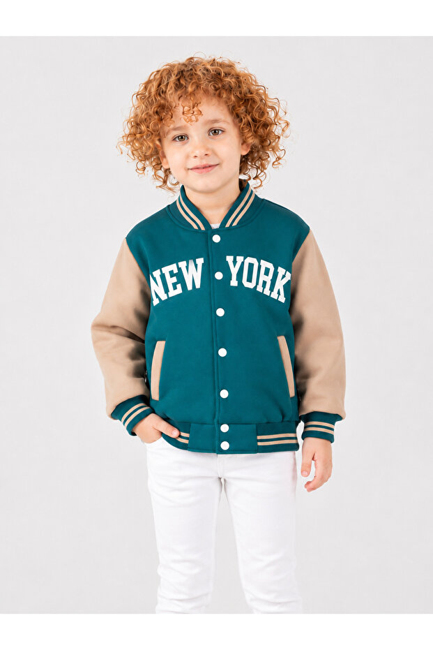 Boys' Petrol Green Printed College Jacket (3-Strand Thick Fabric)
