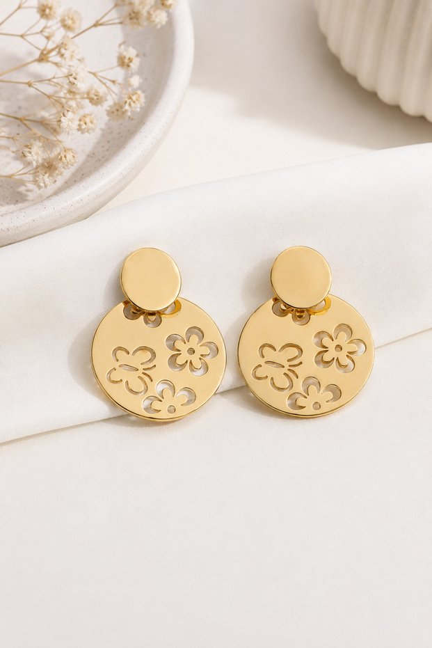 Gold Butterfly and Flower Detailed Dangle Steel Earrings